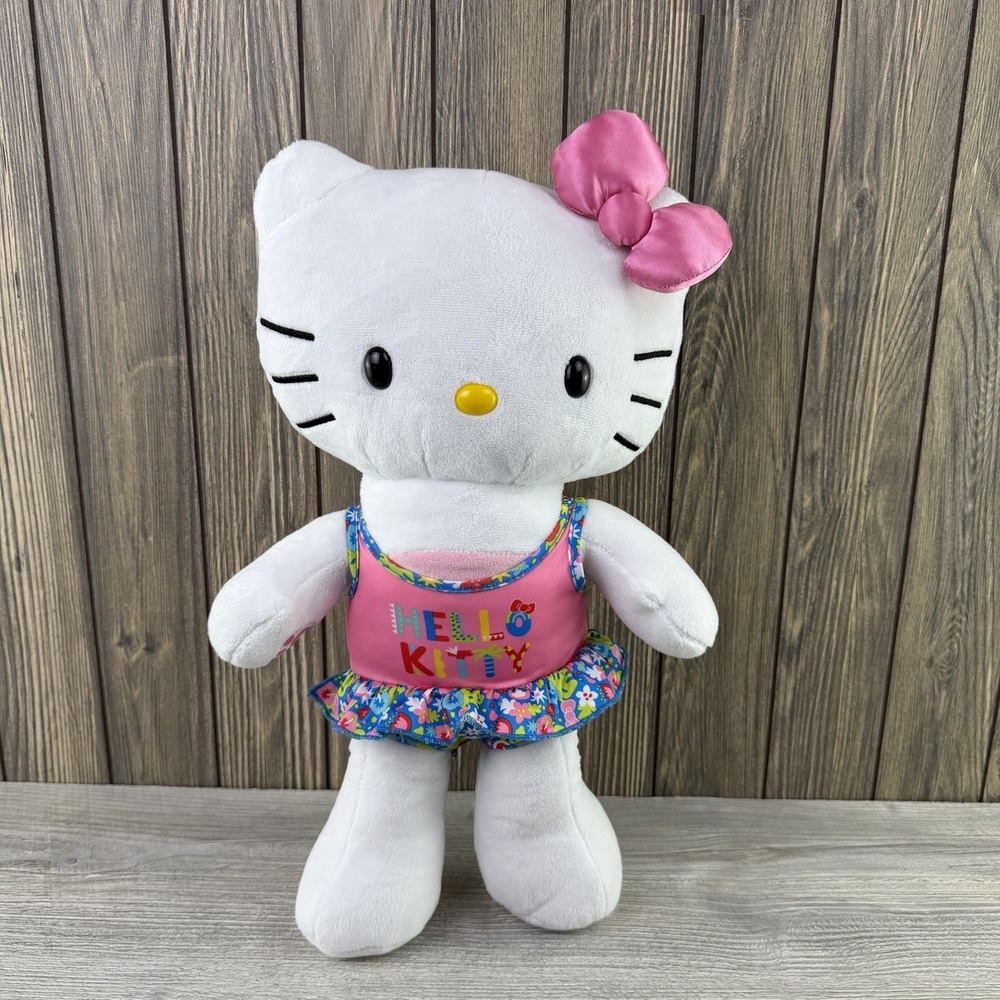 Hello Kitty Build A Bear Plush Sanrio White Pink Bow Floral Swimsuit BABW 17"